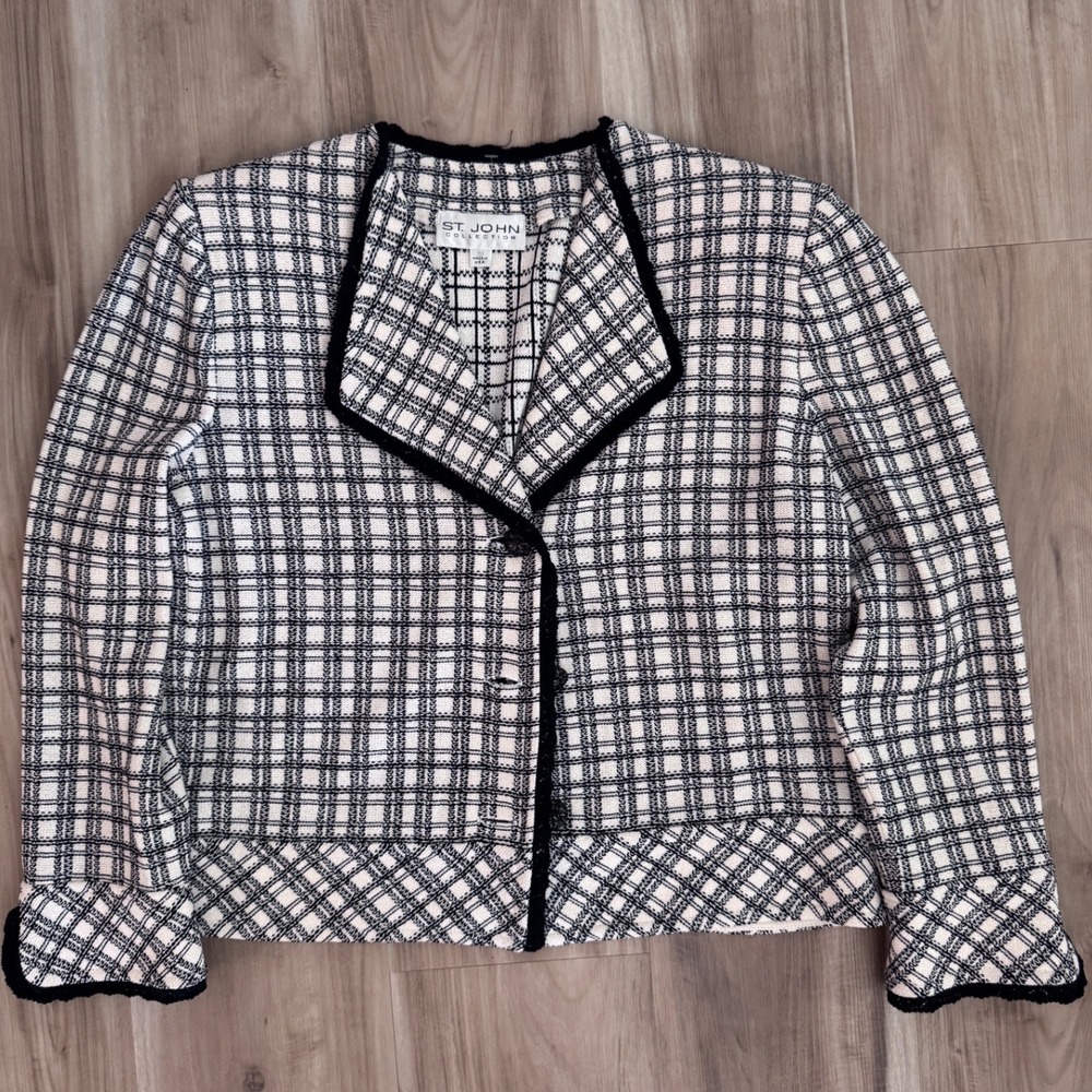 ST JOHN COLLECTION Black White Plaid Knit Blazer Jacket Women's Size 10‎ b1